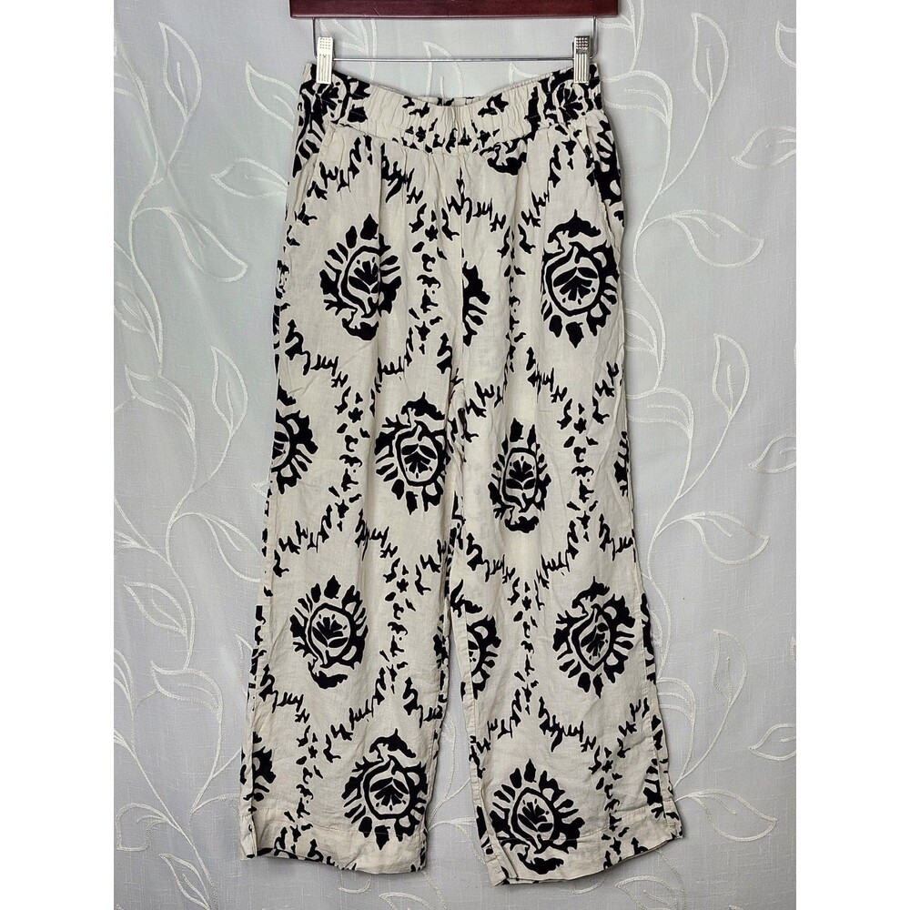 Christian Siriano Womens Small Linen Blend Wide Leg Palazzo Pants Black Cream